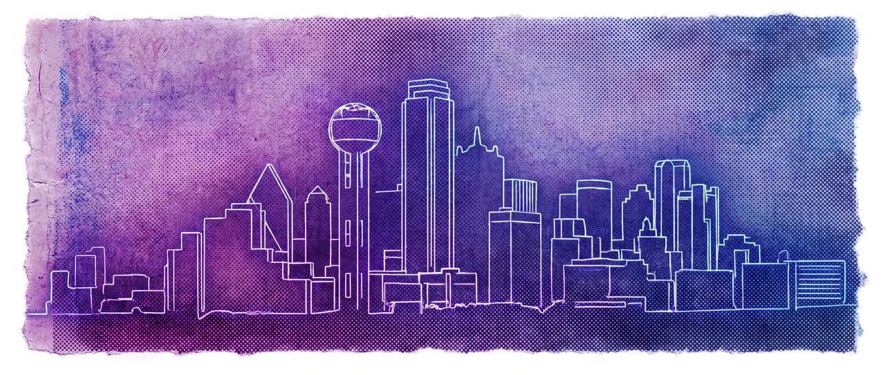 Andrew Hillman news and media banner: purple newsprint texture with a glowing line drawing of the Dallas skyline