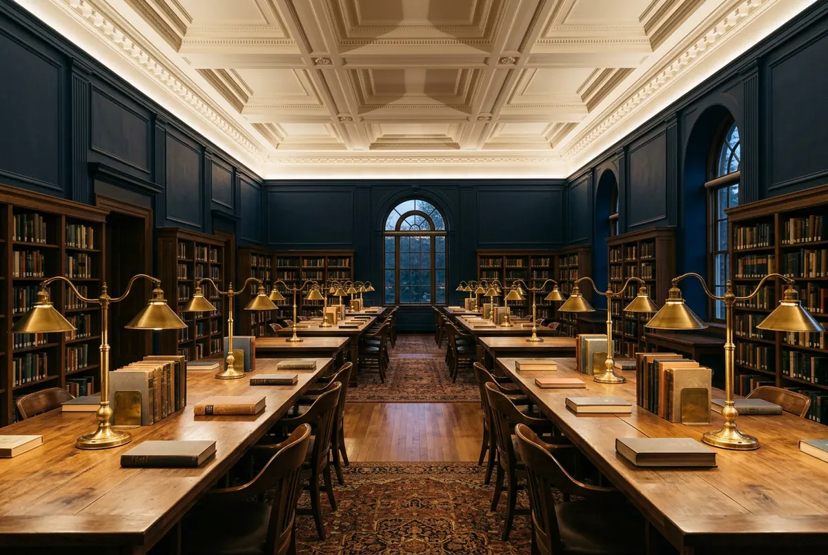 Library reading room with brass lamps, illustrating Andrew Hillman's giving section